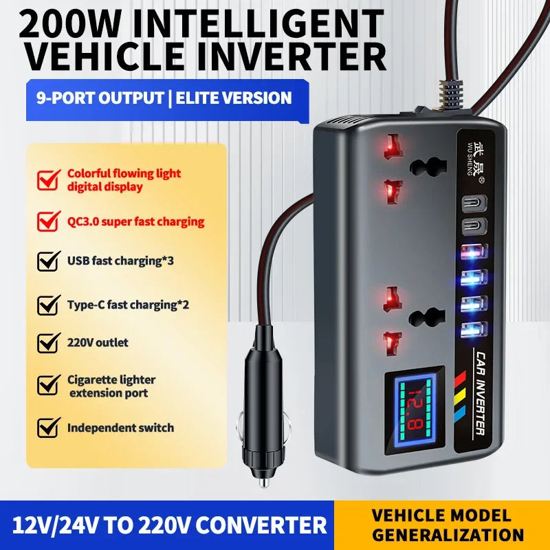 Portable 12V/24V Car Power Inverter — 4 USB + AC Outlet 🚗⚡
