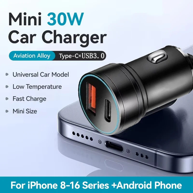 Mini Cargador de Coche USB-C QC3.0 — Carga Rápida Doble Puerto