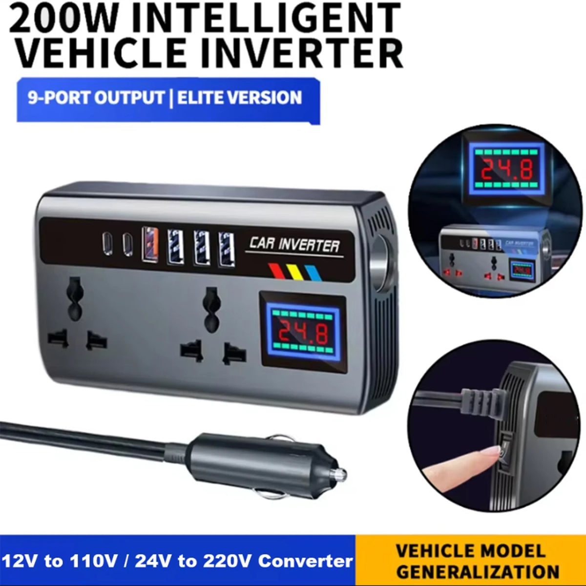 Inversor de Corriente Portátil 12V/24V para Auto — 4 USB + Toma AC 🚗⚡
