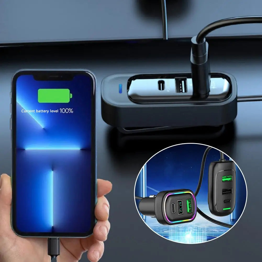 Cargador de Coche USB-C 6 Puertos con Extensión y Luz RGB 🚗