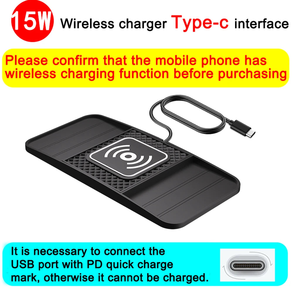 Almohadilla de Carga Inalámbrica Rápida 15W — Antideslizante para Coche ⚡