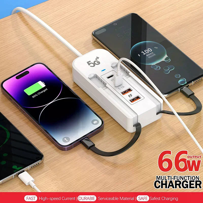 4-Port USB Charger with Extension and PD Fast Charging 🔌