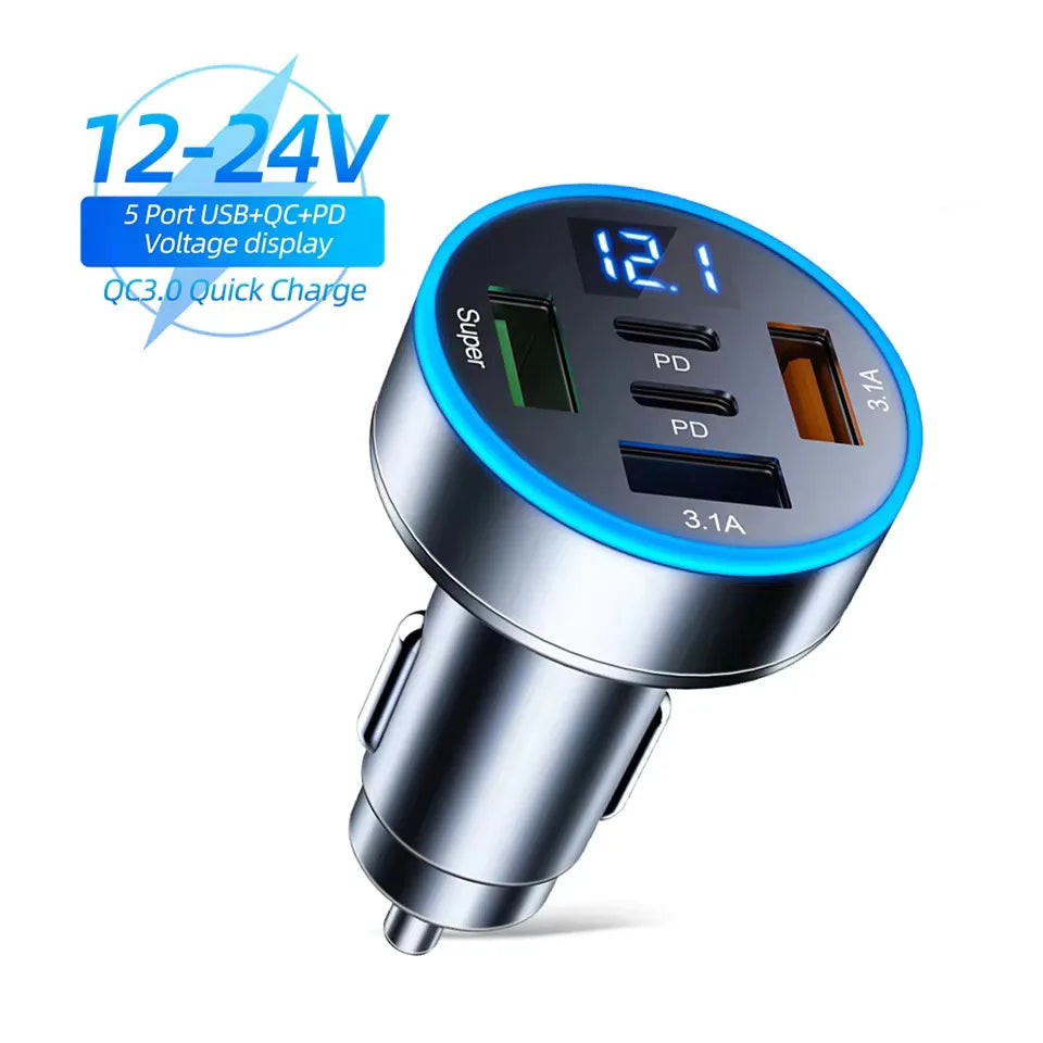 Cargador de Coche 250W 5 Puertos — Carga Rápida PD QC3.0 USB-C 🔌
