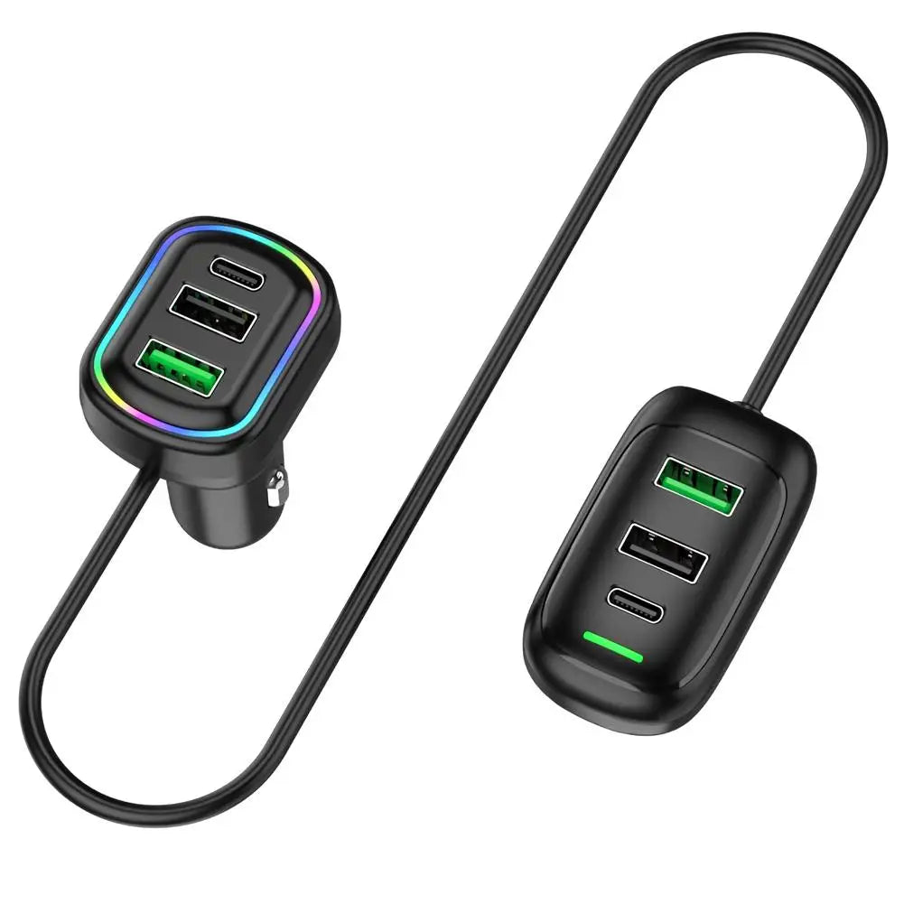 Cargador de Coche USB-C 6 Puertos con Extensión y Luz RGB 🚗