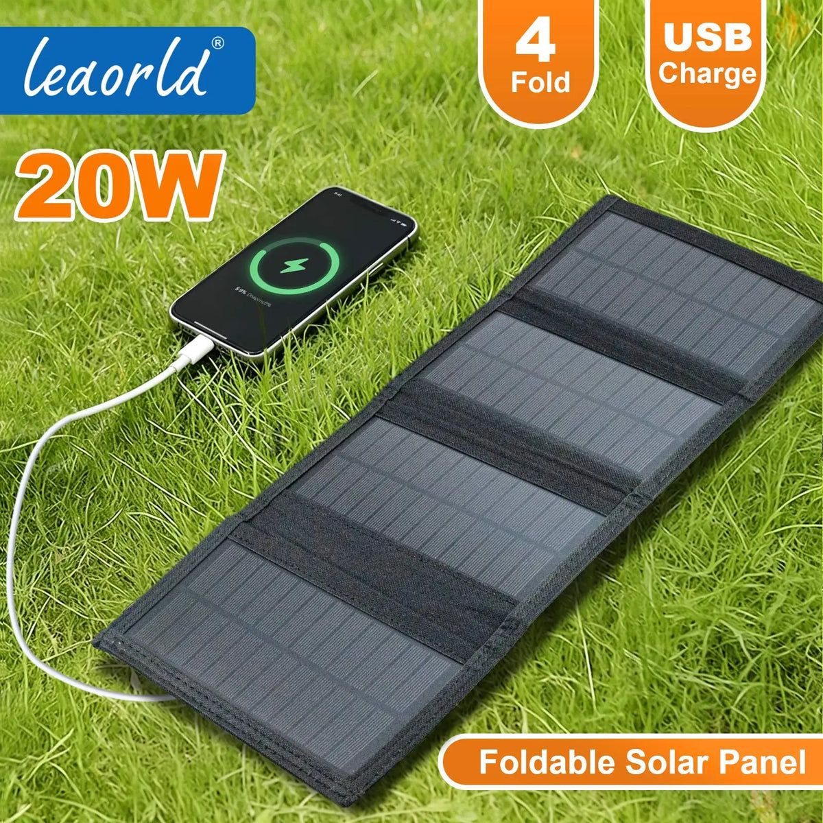 Cargador Solar Plegable LEAORLD 20W — Monocristalino de Alta Eficiencia con USB