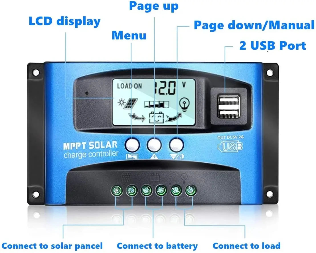 Controlador de Carga Solar MPPT — 40A / 60A / 100A con LCD y USB