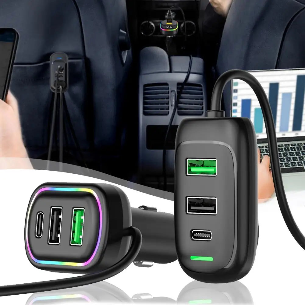 Cargador de Coche USB-C 6 Puertos con Extensión y Luz RGB 🚗