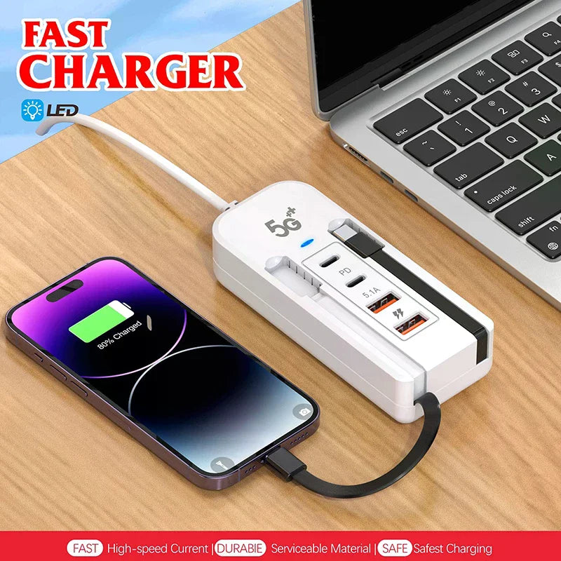 4-Port USB Charger with Extension and PD Fast Charging 🔌