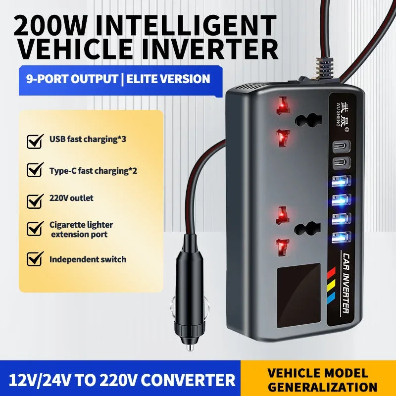 Inversor de Corriente Portátil 12V/24V para Auto — 4 USB + Toma AC 🚗⚡