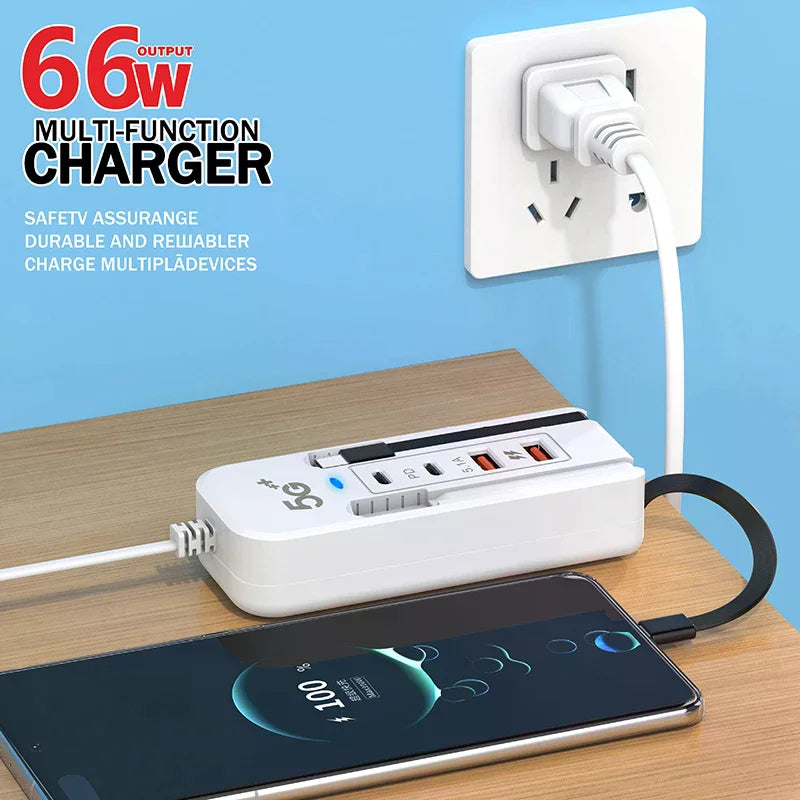 Cargador USB 4 Puertos con Extensión y Carga Rápida PD 🔌